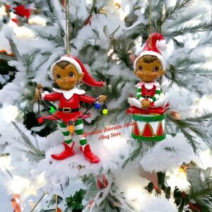 2 Santa‘s Elves Ornaments Dark Skinned Christmas Sitting Drum Hang Lights